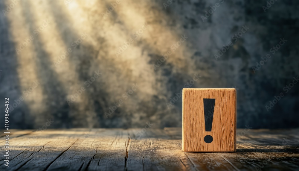 Aufkleber attention-grabbing exclamation mark on wooden block against grey background with beams of light and 