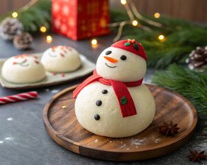 Fototapeta premium Christmas cute snowman cookie on a wooden background