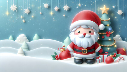 A 3D cute santa claus with a background that is perfect for a merry Christmas and happy new year.