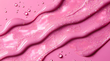 Shimmering cosmetic gel swatches with droplets on a vibrant pink background. Shimmering. Illustration