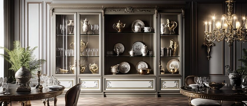 Elegant dining room with a display cabinet showcasing fine china and decorative items.
