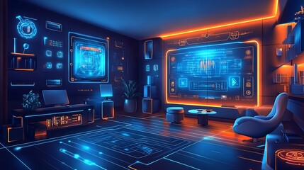 Obraz premium Futuristic smart home interior with holographic displays, showcasing advanced technology and automation.