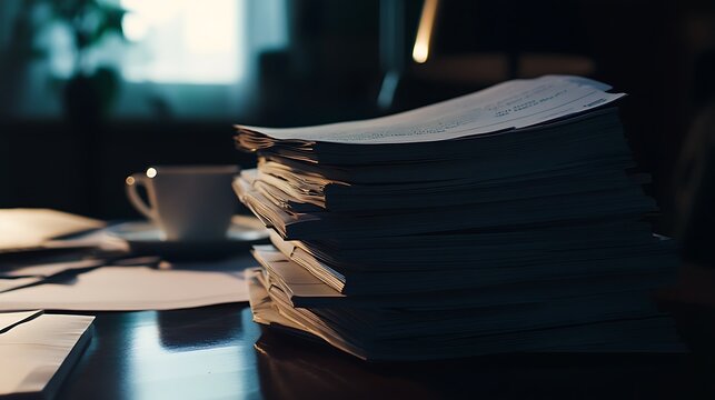 High stack of papers on a desk near a coffee cup in dim light.