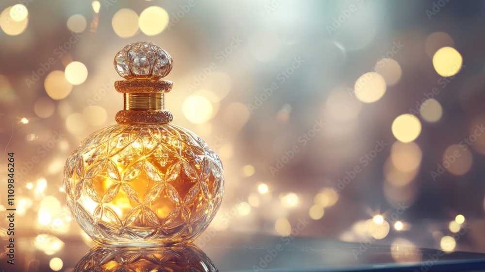 Poster Elegant Glass Perfume Bottle with Soft Bokeh Background Effect