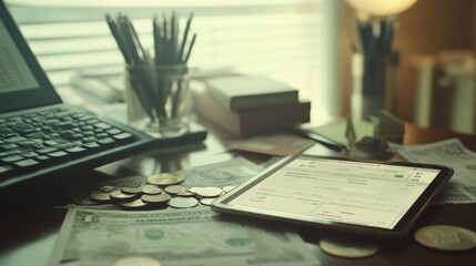 Obraz premium Workspace with Tablet, Money, and Laptop Showcasing Financial Insights