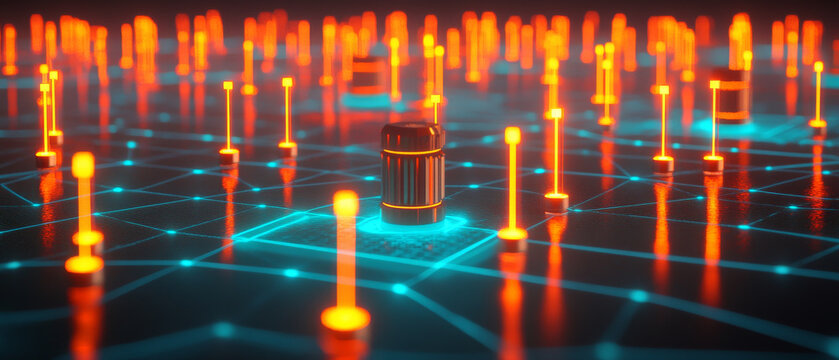 Glowing validator nodes on digital network grid.