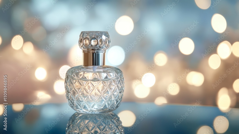 Poster elegant glass perfume bottle on shimmering background with bokeh
