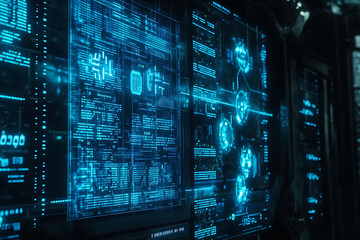Blue digital binary data on a computer screen, creating a futuristic, high-tech atmosphere with flowing numbers and abstract patterns