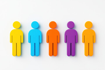 Colorful figures in lineup, showcasing diversity and creativity. These playful shapes represent different individuals, emphasizing unity and variety in design