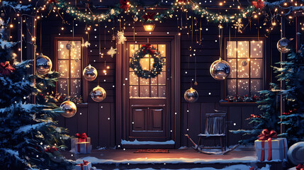 Glamorous christmas porch shimmering metallic ornaments garlands. Shimmering. Illustration