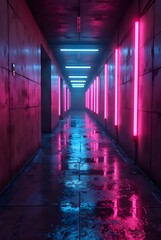 An abstract modern tunnel with bright glowing neon lights, Neon pink lines on dark grunge wall