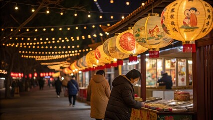 Fototapeta premium Festive Evening Shopping As dusk settles shoppers flock to a vendor known for exquisite lanterns. Strings of lights hang above ling in the night. The lanterns painted with scenes