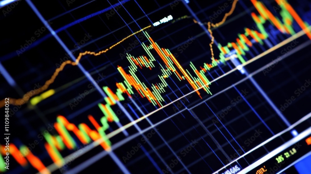 Poster colorful stock market data visualization on a digital display screen