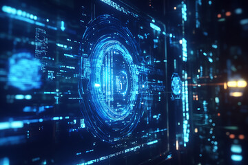 Blue digital binary data on a computer screen, creating a futuristic, high-tech atmosphere with flowing numbers and abstract patterns