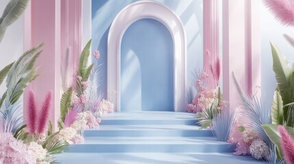 Pastel Pink Blue Floral Archway Steps Setting