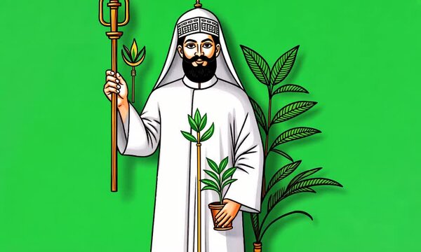 St. Patrick, holding a crosier and shamrock in his hand, full-body portrait, vector illustration style, green background