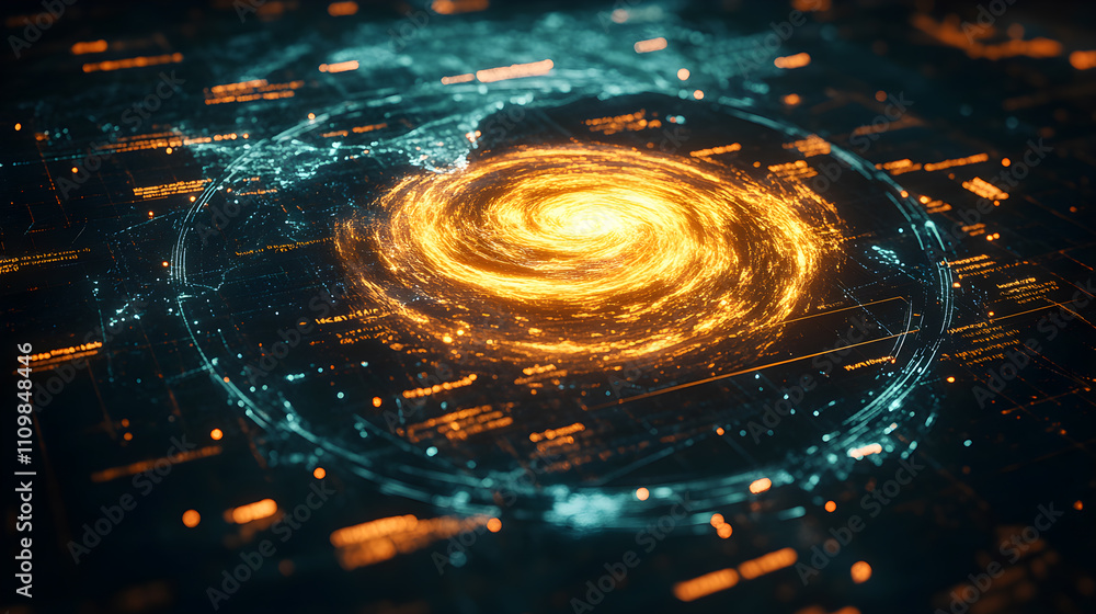 Poster a computer generated image of a spiral galaxy with a bright orange center