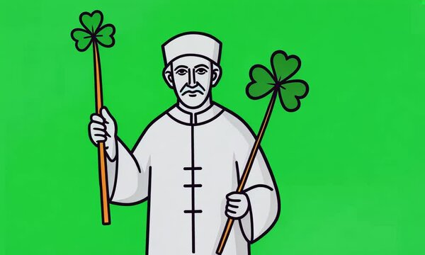 St.Patrick. Irish apostle with a staff and clover leaf. St. Patrick's day catholic character isolated vector illustration