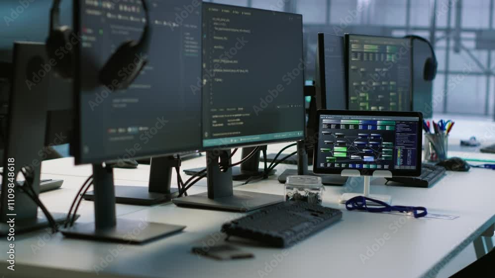 Poster pcs, headphones and tablets in data center employing machine learning technology to maintain company