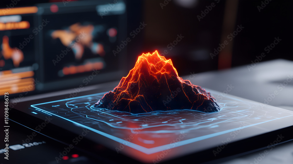 Poster a computer screen shows a mountain with a red flame on top