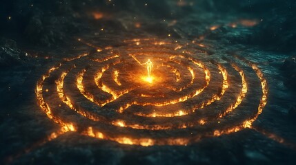 Glowing figure stands in fiery stone maze.