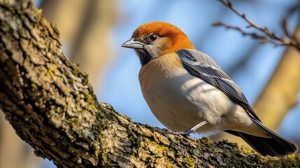 Sparrow perched on tree branch in sunlight