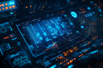 Obraz premium Blue digital binary data on a computer screen, creating a futuristic, high-tech atmosphere with flowing numbers and abstract patterns