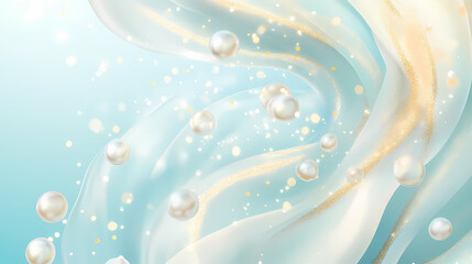 Elegant abstract background with shimmering pearls and golden accents on soft blue surface. Shimmering. Illustration