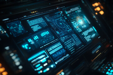 Blue digital binary data on a computer screen, creating a futuristic, high-tech atmosphere with flowing numbers and abstract patterns