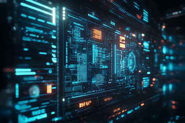 Blue digital binary data on a computer screen, creating a futuristic, high-tech atmosphere with flowing numbers and abstract patterns