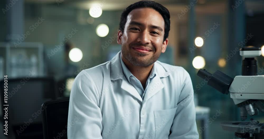 Poster face, man and scientist with microscope in laboratory for forensic, examination and experiment. male
