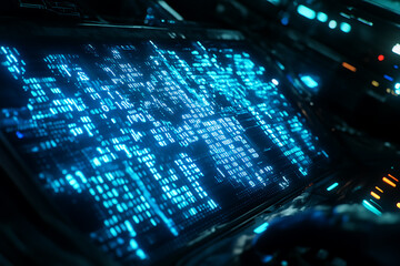 Obraz premium Blue digital binary data on a computer screen, creating a futuristic, high-tech atmosphere with flowing numbers and abstract patterns