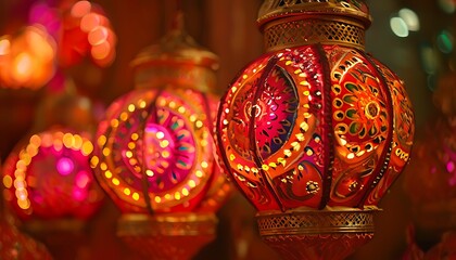 Fototapeta premium diwali lanterns glowing with intricate hand painted patterns