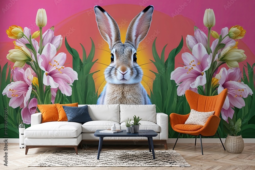 Poster lively spring rabbit in a bold mural design - 3d rendering