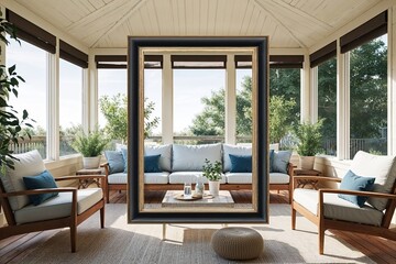 Fototapeta premium Chic Frame Mockup in a Sunroom Interior with Modern Furniture and Relaxing Atmosphere