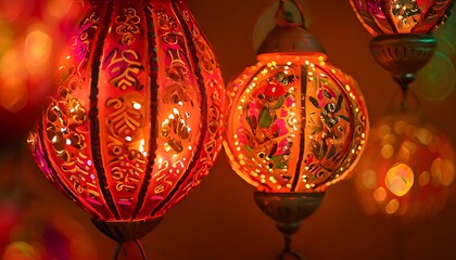 diwali lanterns glowing with intricate hand painted patterns