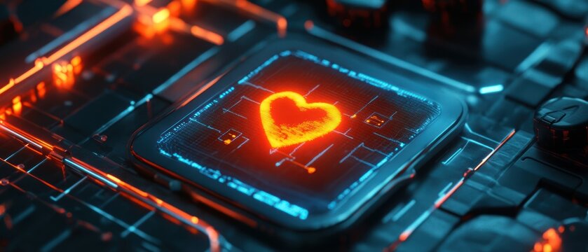 A glowing heart symbol on a futuristic microchip design.