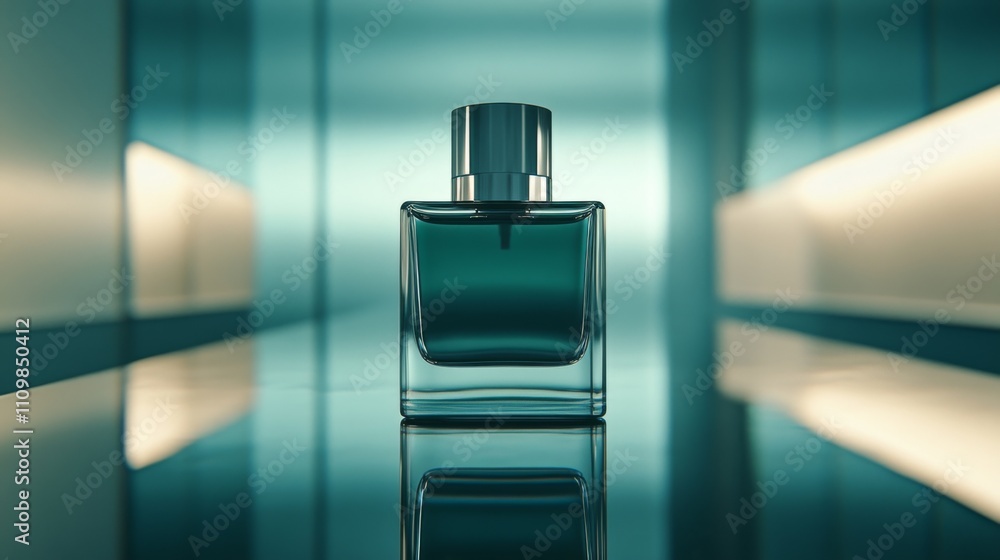 Poster elegant perfume bottle with soft lighting and reflective surface