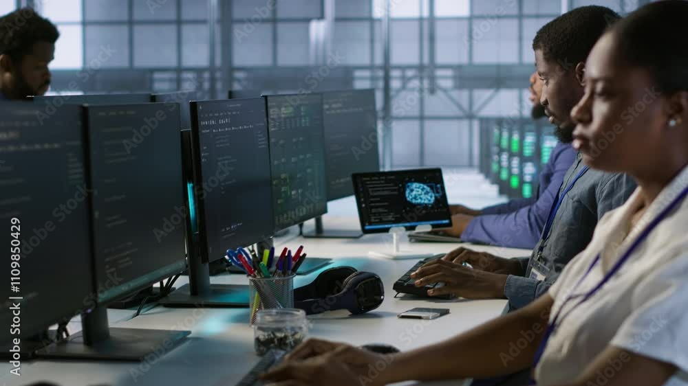 Aufkleber computer scientists in data center implementing ai predictive maintenance systems. server farm emplo