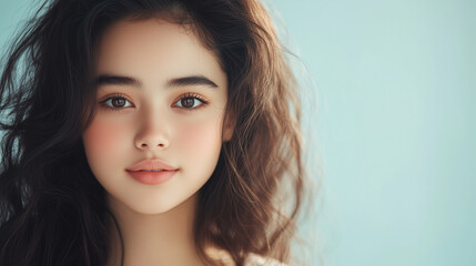 Fototapeta premium young woman with long, wavy hair and expressive eyes, smiling softly against light blue background. Her natural beauty radiates warmth and charm.