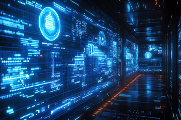 Blue digital binary data on a computer screen, creating a futuristic, high-tech atmosphere with flowing numbers and abstract patterns
