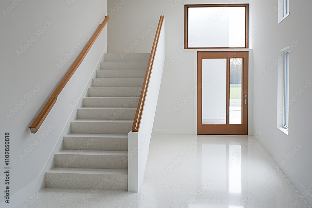 Poster modern entryway with stairs and a large window, emphasizing minimalistic design.