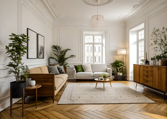 Fototapeta premium Modern Scandinavian home interior design features an elegant living room with a comfortable sofa, mid-century furniture, cozy carpet, wooden floor, white walls, and home plants.