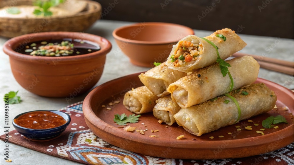 Poster displayed on a rustic terracotta plate the spring rolls are stacked in a way that mimics a teetering