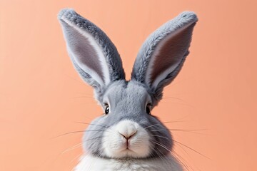 Easter Bunny Concept with Fluffy Grey Ears on a Peach Background