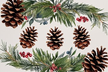 Fototapeta premium Rustic Watercolor Band Featuring Seasonal Pine Cones, Rustic Foliage, and Berry Sprigs for Wedding Invitations and Cozy Greetings