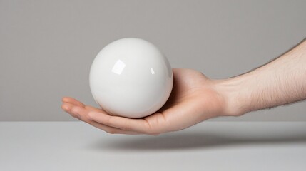 Man's hand holding a white sphere on a table.