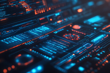 Fototapeta premium Blue digital binary data on a computer screen, creating a futuristic, high-tech atmosphere with flowing numbers and abstract patterns