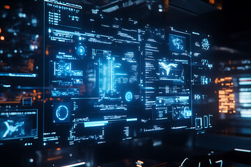 Obraz premium Blue digital binary data on a computer screen, creating a futuristic, high-tech atmosphere with flowing numbers and abstract patterns