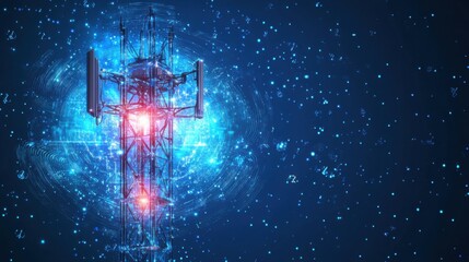 Fototapeta premium Futuristic Communication Tower with Blue Glowing Network Background
